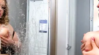 Gigantic milk filled boobies spraying a mirror