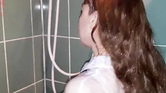 A bimbos into clothes under the shower. Soak lingerie leaking trousers leaking shirt. two