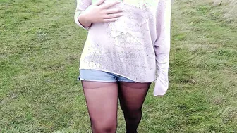 Amateur walks braless flashes breasts and booty outside