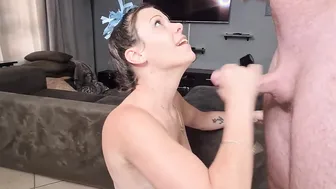 Slim milf bimbo giving me a HAND JOB till I cum on her open EYE