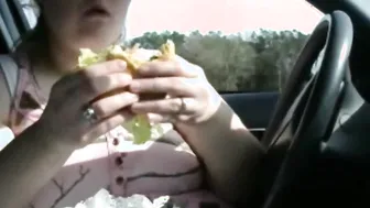 Gigantic Boobies Wifey Eats Burger Fries and swallow Titty Gains