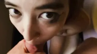 Little eastern skank blowing gigantic white penis