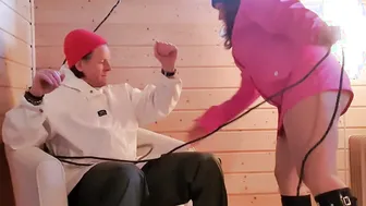 Being bound up by strict girlfriend wearing rainwear