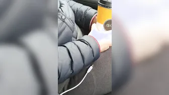 Step MILF coffee time into the vehicle wearing thigt pants