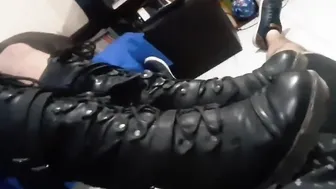 New chick inside boots talking to sub  resting her foot on penis