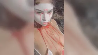 Topless walk outdoors into costume