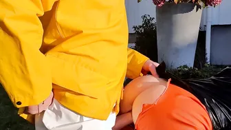 Sex and squirt on ebony LATEX raincoat