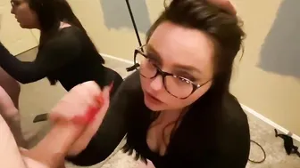 Green eyed cunt with mouth with glasses blows cock getting throat screwed. Swallows his load. (Volume up)