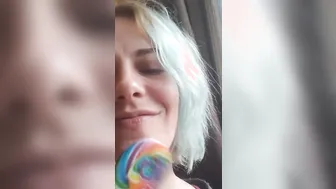 Blue haired sluts licks and blows lollipop