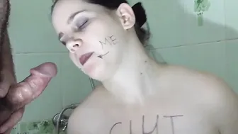Bombshell bitch blows cock and getting cum on her face. Sex service into the WC