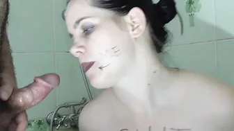 Goddess bitch blows penis and getting cum on her face. Sex service inside the restroom
