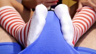 Dry humping + hand job at the same time to make him cum inside his panties