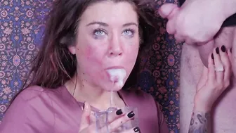 Food bondage sub eats cum over and over