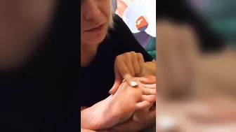 Blonde blows and licks soles and feet after showing off