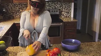 Slicing and crushing Food and RUBBING it inside MY GIGANTIC mom TITS
