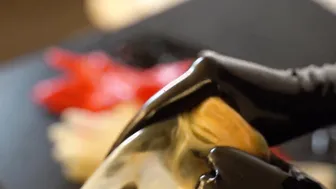 Cat Suit porn video – Trying on transparent pvc gloves on a catsuit