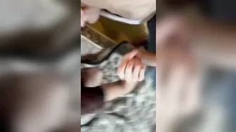 Ginger sucking off 2 dicks together receives the milk into her mouth