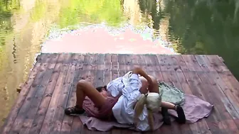 Thin dark haired women and a slender big boobed blonde during lesbo sex