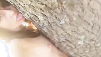 Absoluteli Nude school women flirting with a Tree inside Park