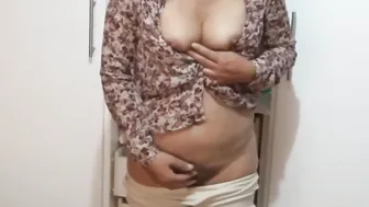 Hispanic MILF comes home from work very excited and shows off inside front of her stepson before fucking