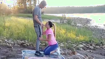 Bombshell blonde deepthroats and takes gigantic facial public while her BF was out fishing