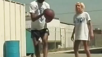 Blonde whore blows and fucks big ebony dick on a