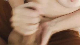 Topless sluts Give Casual Hand Job On The Couch With Ball Slapping And Cum On Breasts