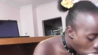 Collared African Bimbo Drooling Over Bosss Cock