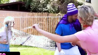 BFFS - Adorable Little Hotties Inside Cosplay Costumes And Fishnets Share Lucky Stud And Drain His Powers