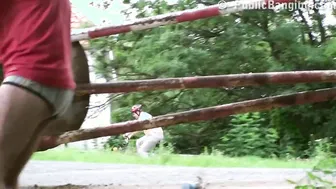 Tiny melons slender barely legal bimbos OUTDOOR gang bang sex Part four