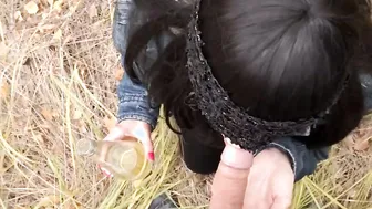 Peeing into a bottle and stuffing his cock into his