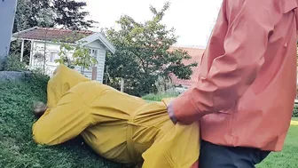 Taking bimbos har from behind and squirting on her Hunter boots wearing rainwear