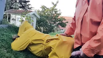 Taking bimbos har from behind and squirting on her Hunter boots wearing rainwear