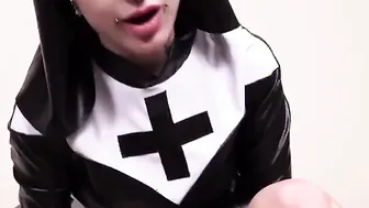 Lusty tattoed nun inside stockings blows and licks her toes