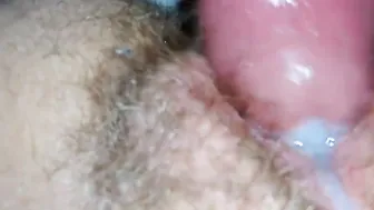 Nailed and cum on bushy cunt