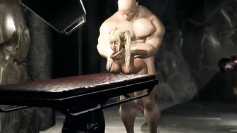 19 Year Old blonde sex sub getting screwed by a huge monster inside the dark dungeon