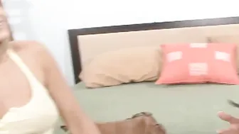 Blonde and dark hair teenagers lesbians boned with a double toy