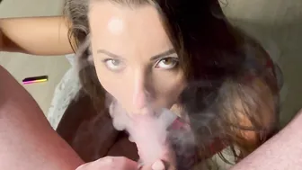 Sloppy slobbery fellatio with smoking. Giant cum on face and inside mouth.