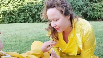 Cougar giving head clothed into yellow LATEX Mac and Hunter boots