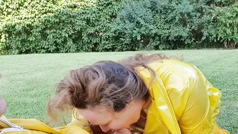 Cougar giving head clothed into yellow LATEX Mac and Hunter boots