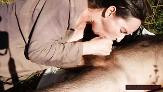 Outdoors Oral Sex by milf Ends with Hand Job Squeezing out every last Drop