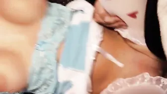 Blonde Beauty with gigantic melons and inside alice wonderland uniform rough banged