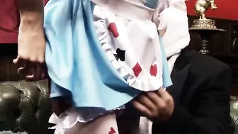 Blonde Beauty with gigantic melons and inside alice wonderland uniform rough banged