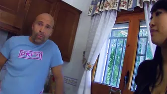 French thin oriental 19 year old fucked anal inside kitchen with tiny