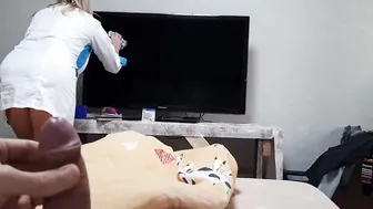 A maid from Ukraine inside a hotel room is alarmed when she sees a client with his huge fat dick
