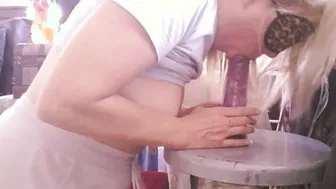 Blindfold with Bf our first time - Fat Booty Blonde sucking off her new sex toy with dripping cunt pawg