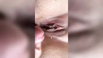 Hubby covering my twat inside cum