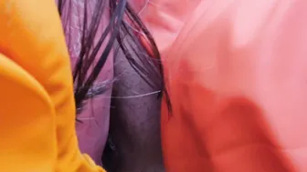 Oral Sex and pussylicking wearing rainwear and latex boots inside the garden
