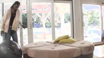 Bombshell getting pounded on the sofa by a african hunk