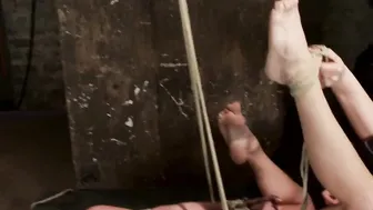 Big Titted lesbo hogtied and suspended